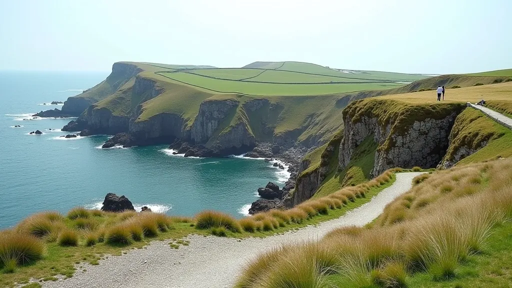 Aerial perspective of coastal cliff sections showing stone pathways, green grassy areas, and the rocky shoreline below with waves