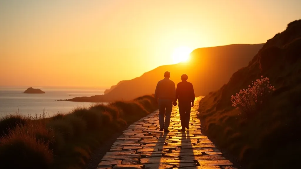 Golden hour sunset light casting long shadows across coastal cliff path with walkers silhouetted against the sea horizon