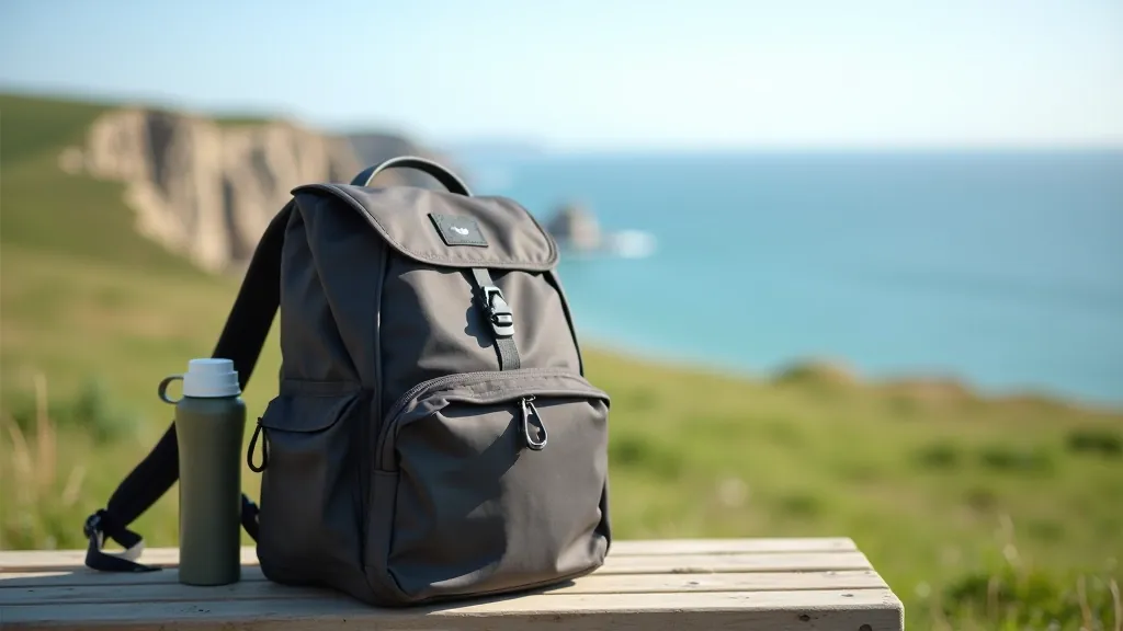 Backpack and water bottle on a wooden bench overlooking the ocean, showing essentials for a day walk