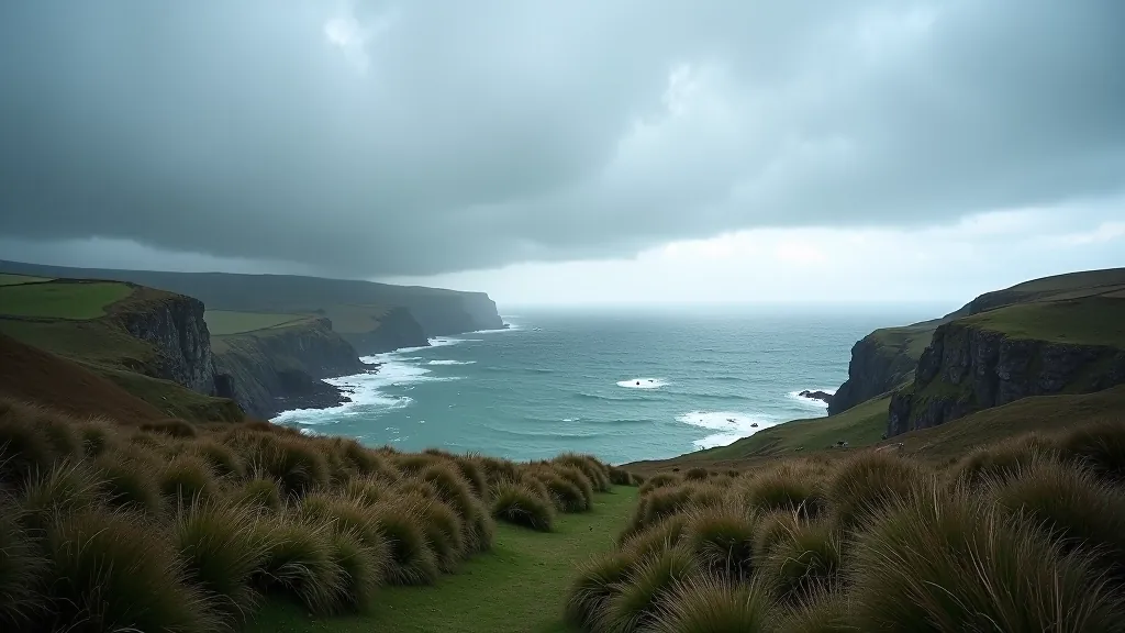 Coastal path with weather changing - dark clouds approaching over the ocean, demonstrating variable weather conditions