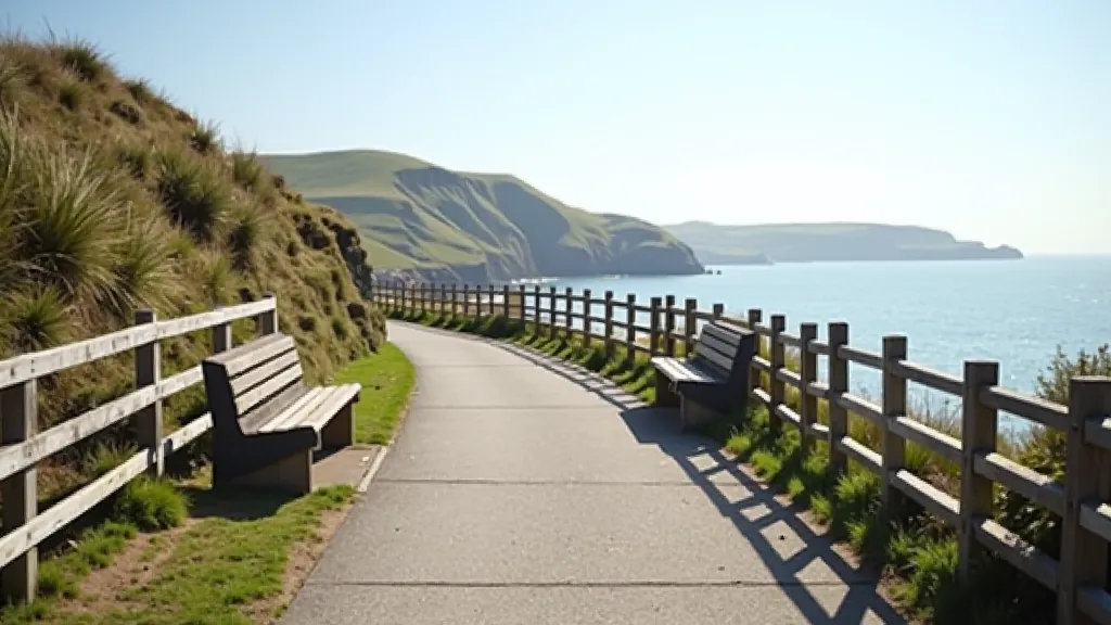 Coastal pathway around Howth Harbour with safety railings, benches, and water views on clear day