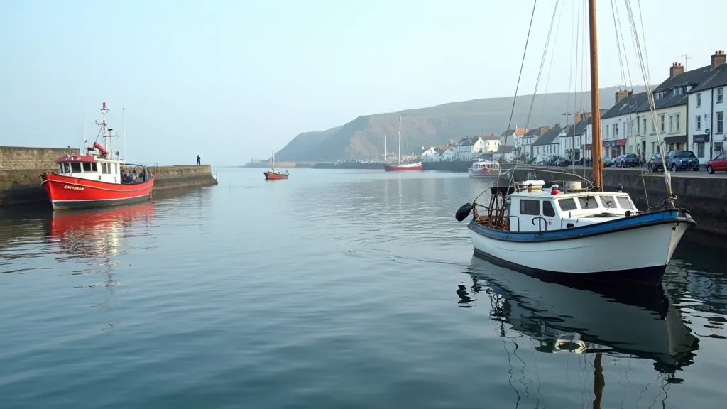 Peaceful Howth Harbour with colourful fishing boats, calm water, and gentle waterfront walking path
