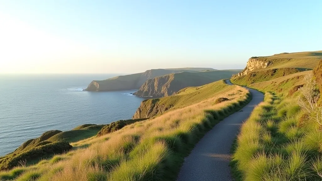 Dramatic coastal cliffs at Howth with walking path visible along the ridge, ocean view in background