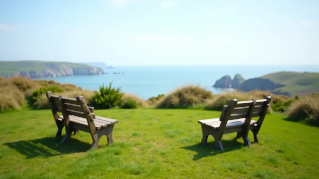 Scenic viewpoint overlooking Howth with benches for resting, green hillside and sea views in distance