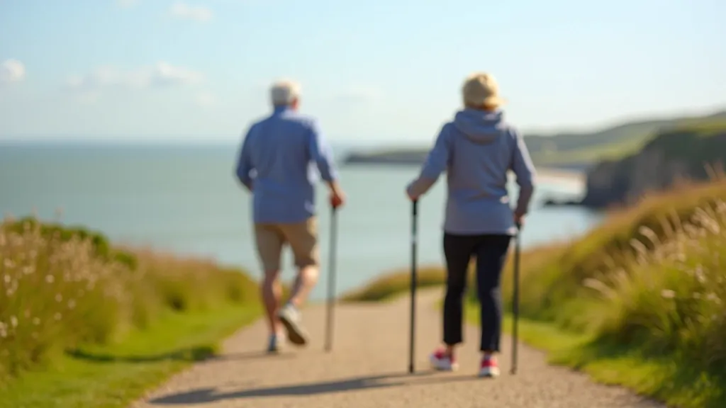Walking poles standing upright on a path, showing proper hiking equipment for older adults