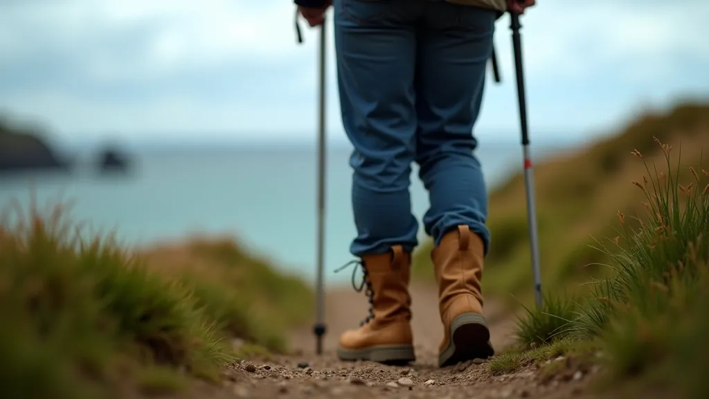 Hiker in proper walking boots standing on a trail with hiking poles, scenic coastal background visible