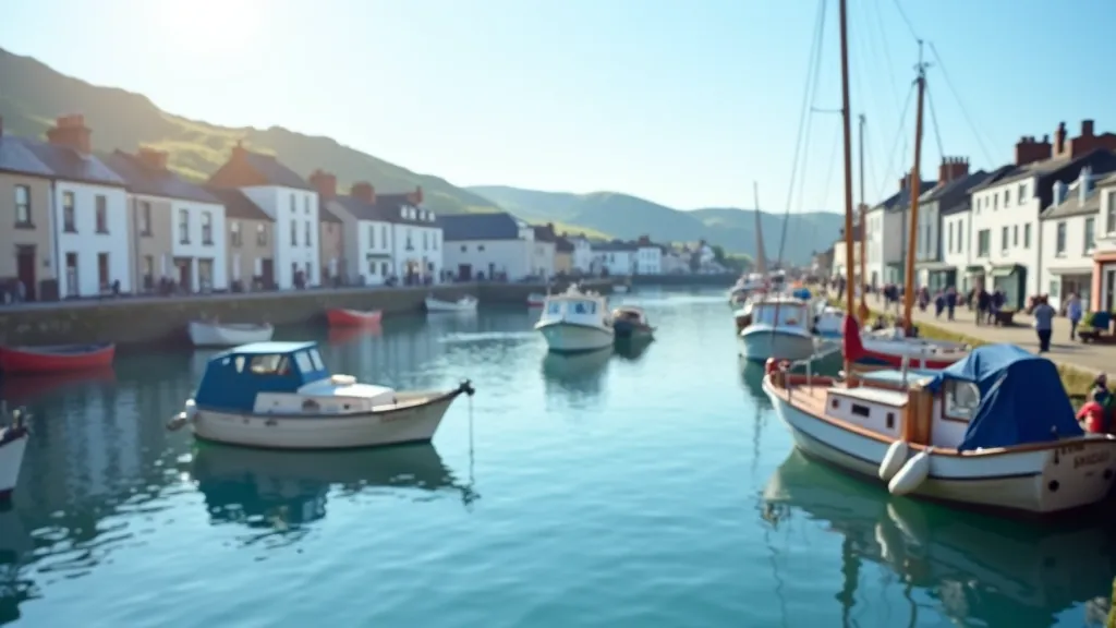 Peaceful Howth Harbour with colorful fishing boats moored in calm water, buildings visible on waterfront