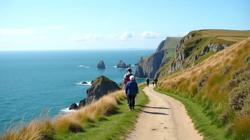 Panoramic view of Howth Cliff Path with dramatic coastal cliffs overlooking the Irish Sea on a clear day
