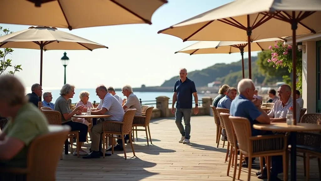 Harbour-side café with outdoor seating, customers enjoying coffee, colourful umbrellas, seaside setting with boats