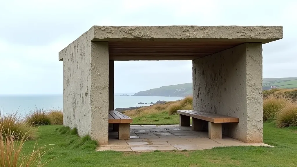 Stone shelter on hillside with benches, protective walls, scenic vista of coastline and fields