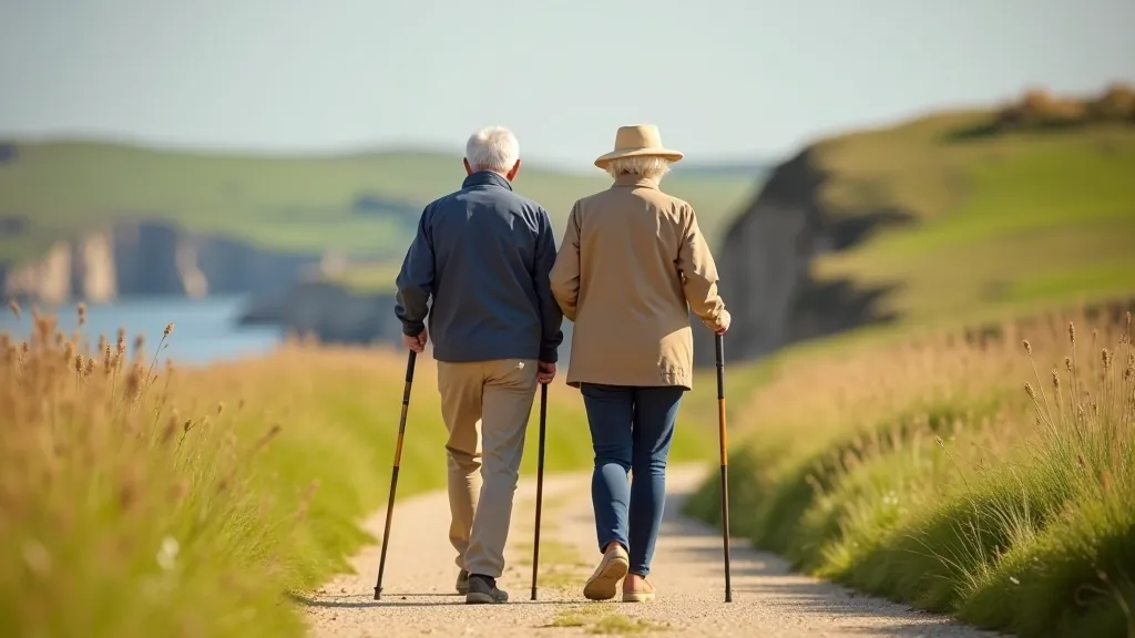 Senior couple walking together on a coastal path with walking sticks, enjoying outdoor exercise in good weather