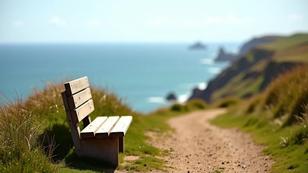 Wooden bench on clifftop path with panoramic sea views, Howth peninsula visible in distance, coastal vegetation